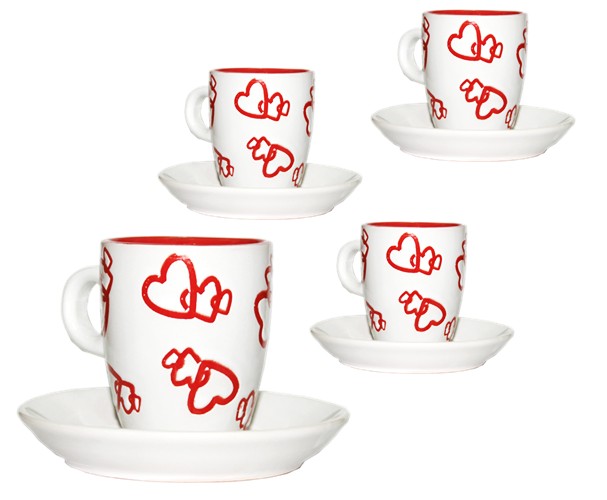 White Demitasse Cups with Hearts and Matching Dish Set of 4